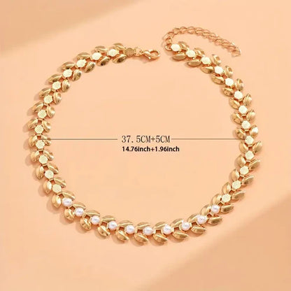 Elegant Golden-Tone Wheat Ear Choker Necklace with Faux Pearls.